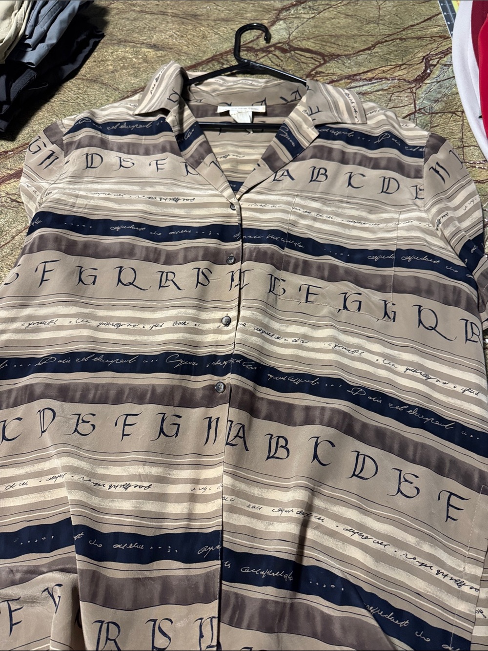 Jones New York Beige and Navy Alphabet Stripe Short-Sleeve Button Shirt